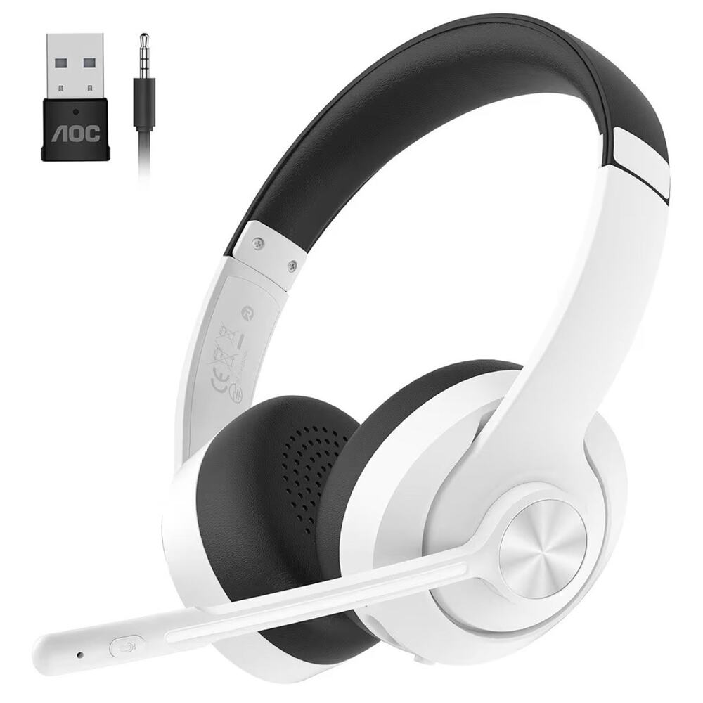 AOC ACW2212 Wireless Bluetooth Headset w/ Mic USB Dongle Work PC White NIB